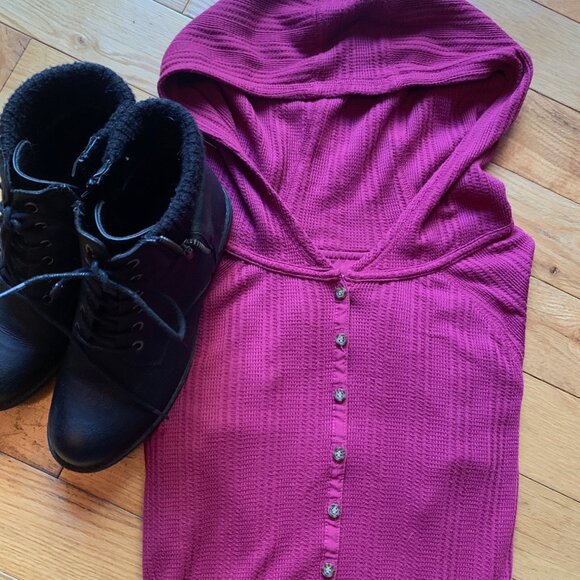 Burton Waffle Knit Hoodie Tunic Top – XS, Fuchsia Pink, Button Front - Picture 10 of 10